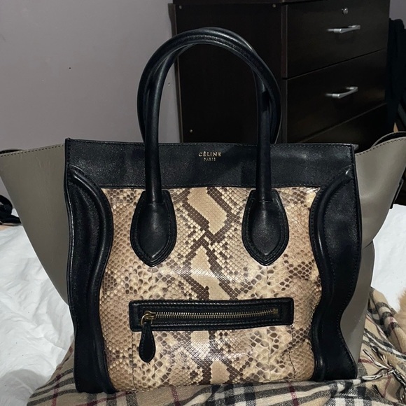 Celine Black and Grey Leather Python Tote. - Picture 2 of 11